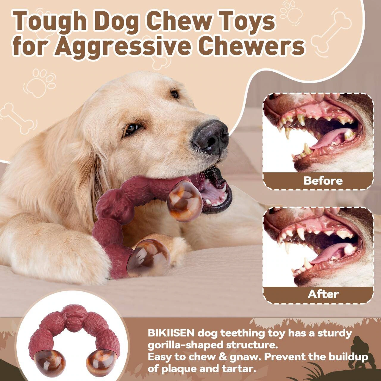 Product picture of pet teething toy: bite and hold close-up: separate actions and comparison information