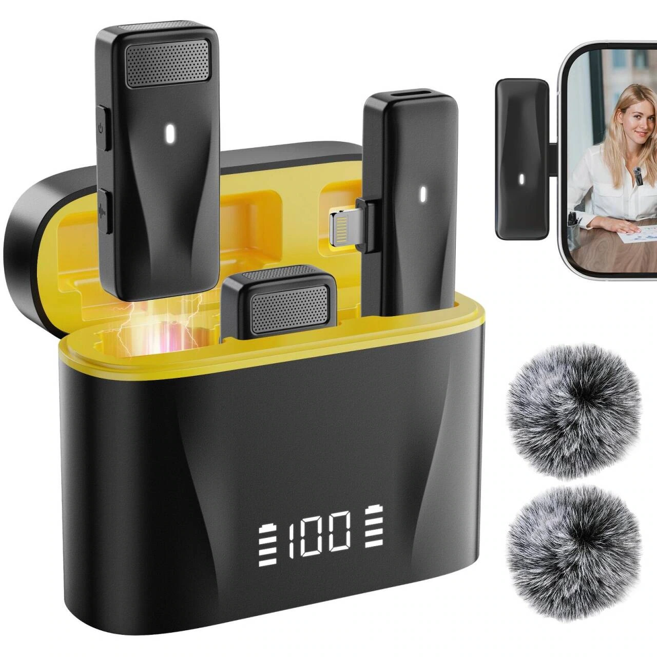 Square wireless lavalier microphone product picture: combination overview: identify each component on a white background
